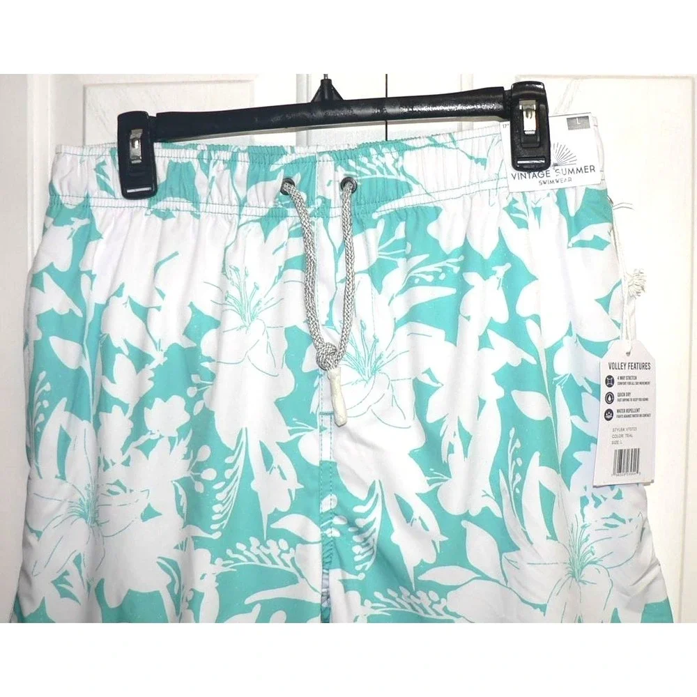 Vintage Summer Men's Tropical Print Drawstring Volley‎ Swim Trunks in Teal Large